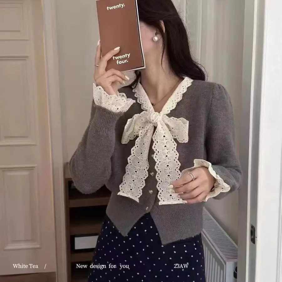 레이스 리본 V넥 크롭 가디건 상세 이미지 2