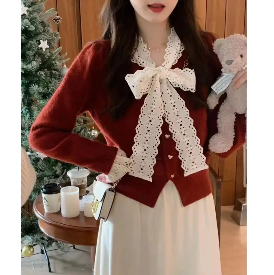 레이스 리본 V넥 크롭 가디건 상세 이미지 4
