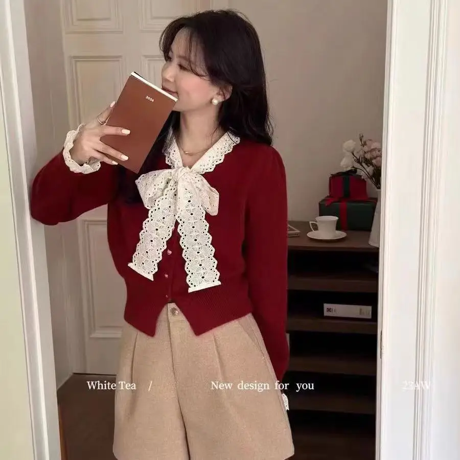 레이스 리본 V넥 크롭 가디건 상세 이미지 5