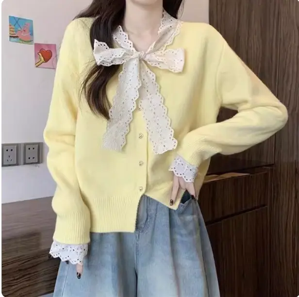 레이스 리본 V넥 크롭 가디건 상세 이미지 6