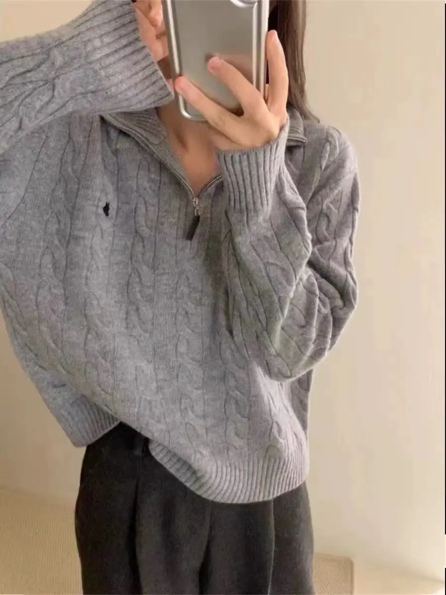 하프 지퍼 자수 케이블 니트 상세 이미지 2