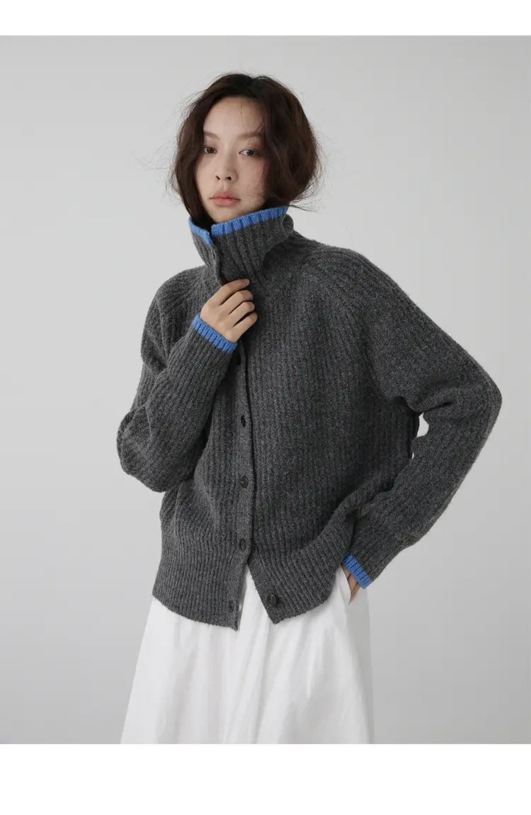 컬러 배색 칼라 단추 울 가디건 상세 이미지 1