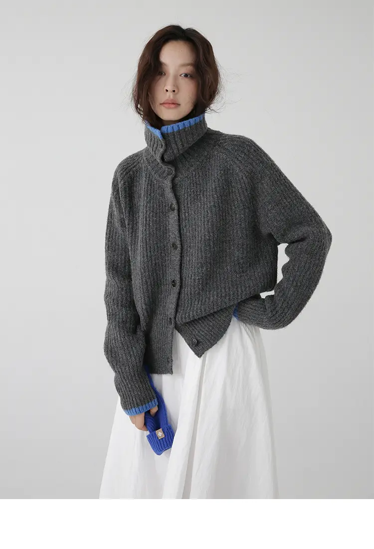 컬러 배색 칼라 단추 울 가디건 상세 이미지 3