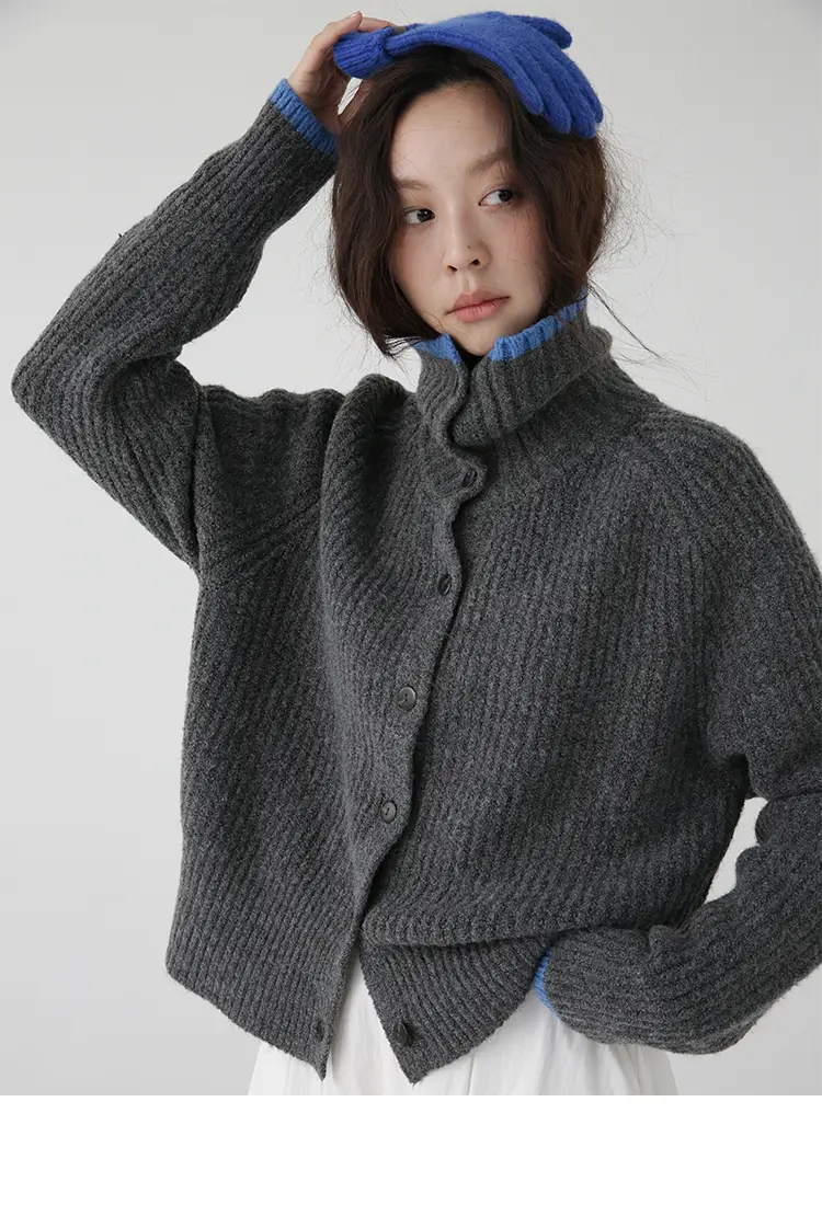 컬러 배색 칼라 단추 울 가디건 상세 이미지 4