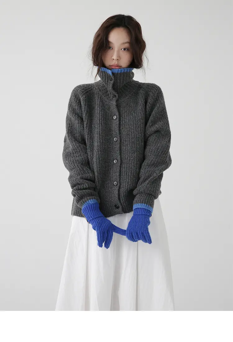 컬러 배색 칼라 단추 울 가디건 상세 이미지 5