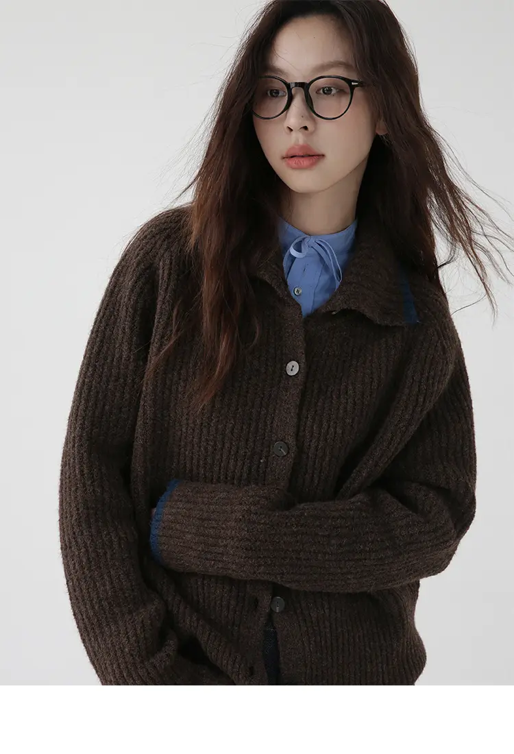 컬러 배색 칼라 단추 울 가디건 상세 이미지 6