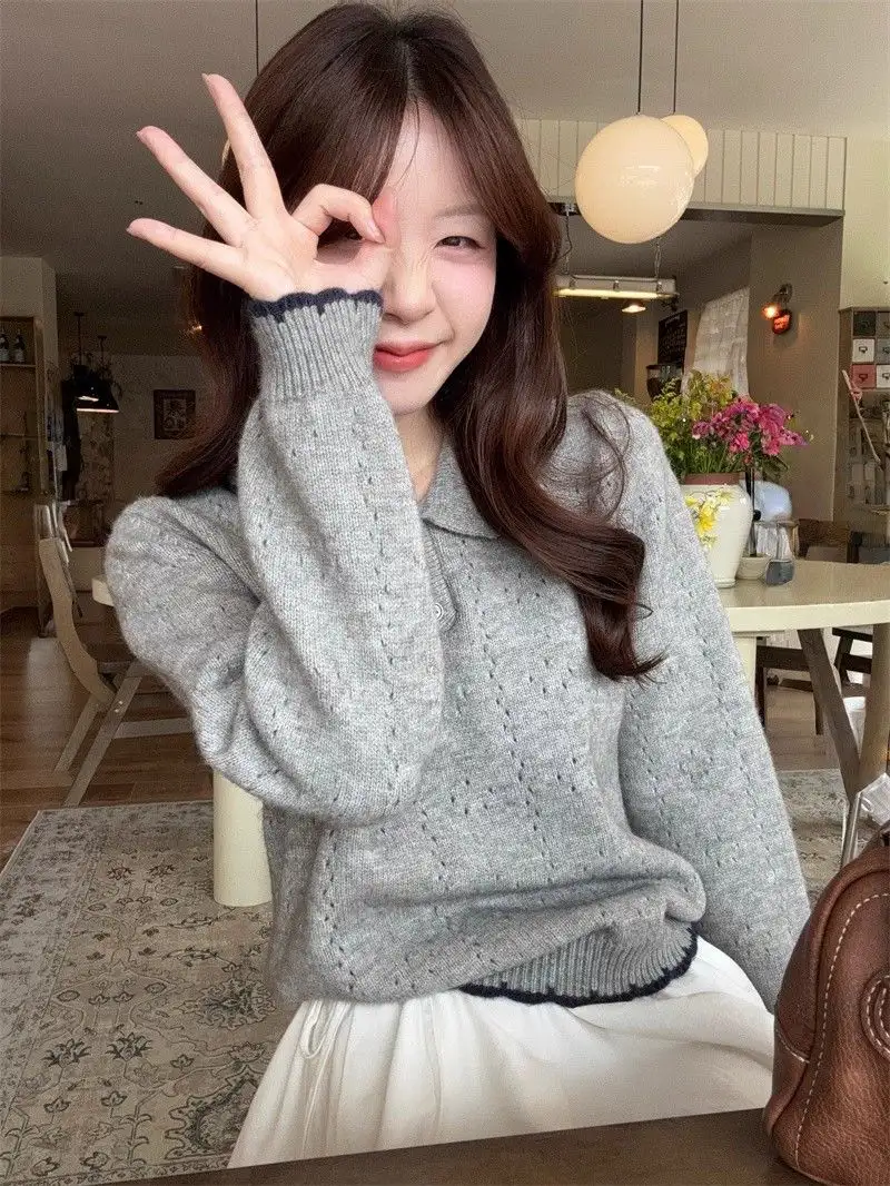 자수 폴드 칼라 긴소매 니트 상세 이미지 1
