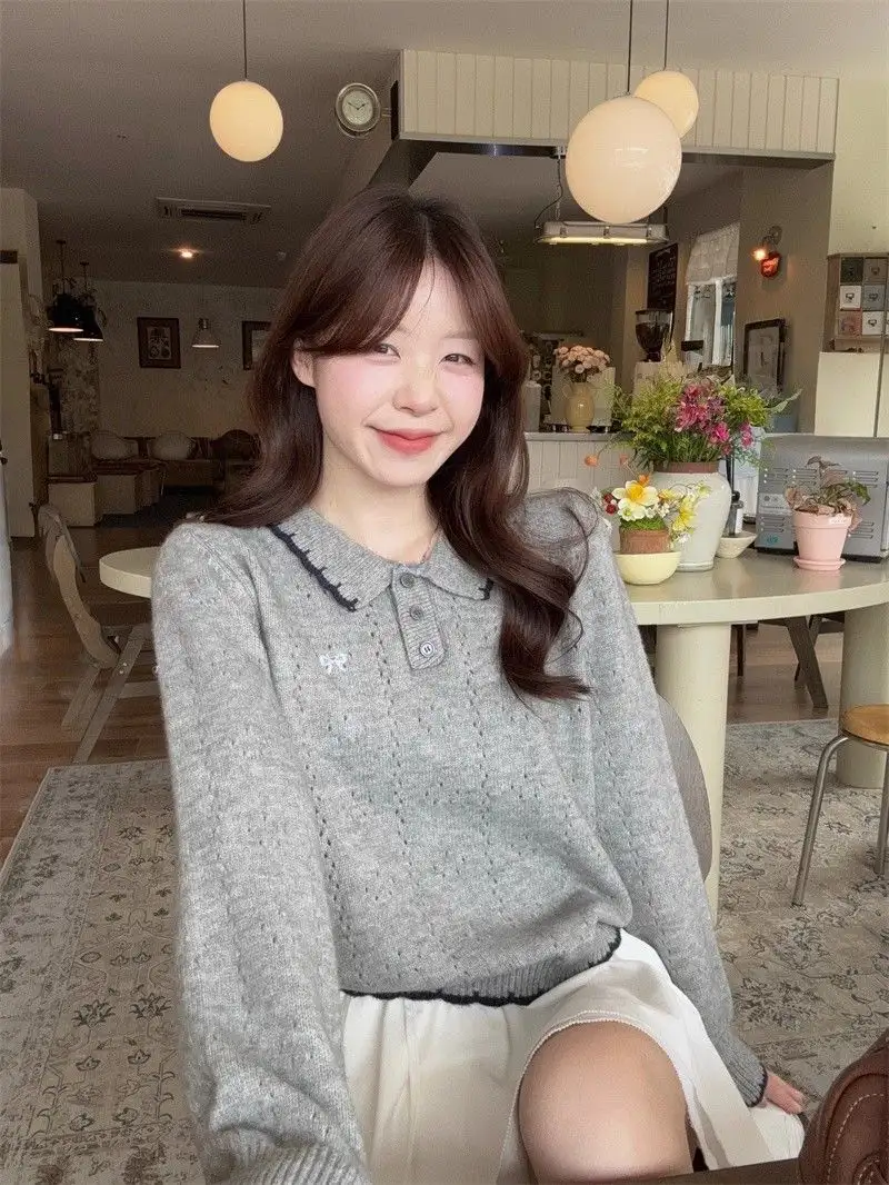 자수 폴드 칼라 긴소매 니트 상세 이미지 2