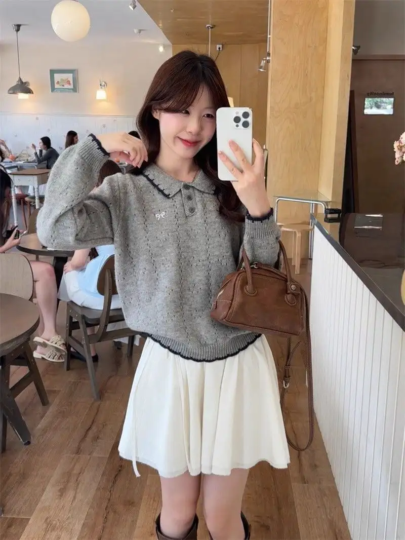 자수 폴드 칼라 긴소매 니트 상세 이미지 3