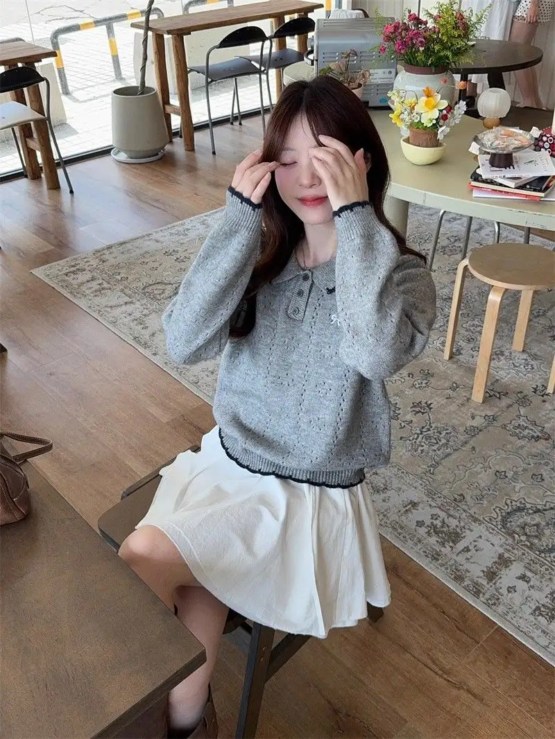 자수 폴드 칼라 긴소매 니트 상세 이미지 5