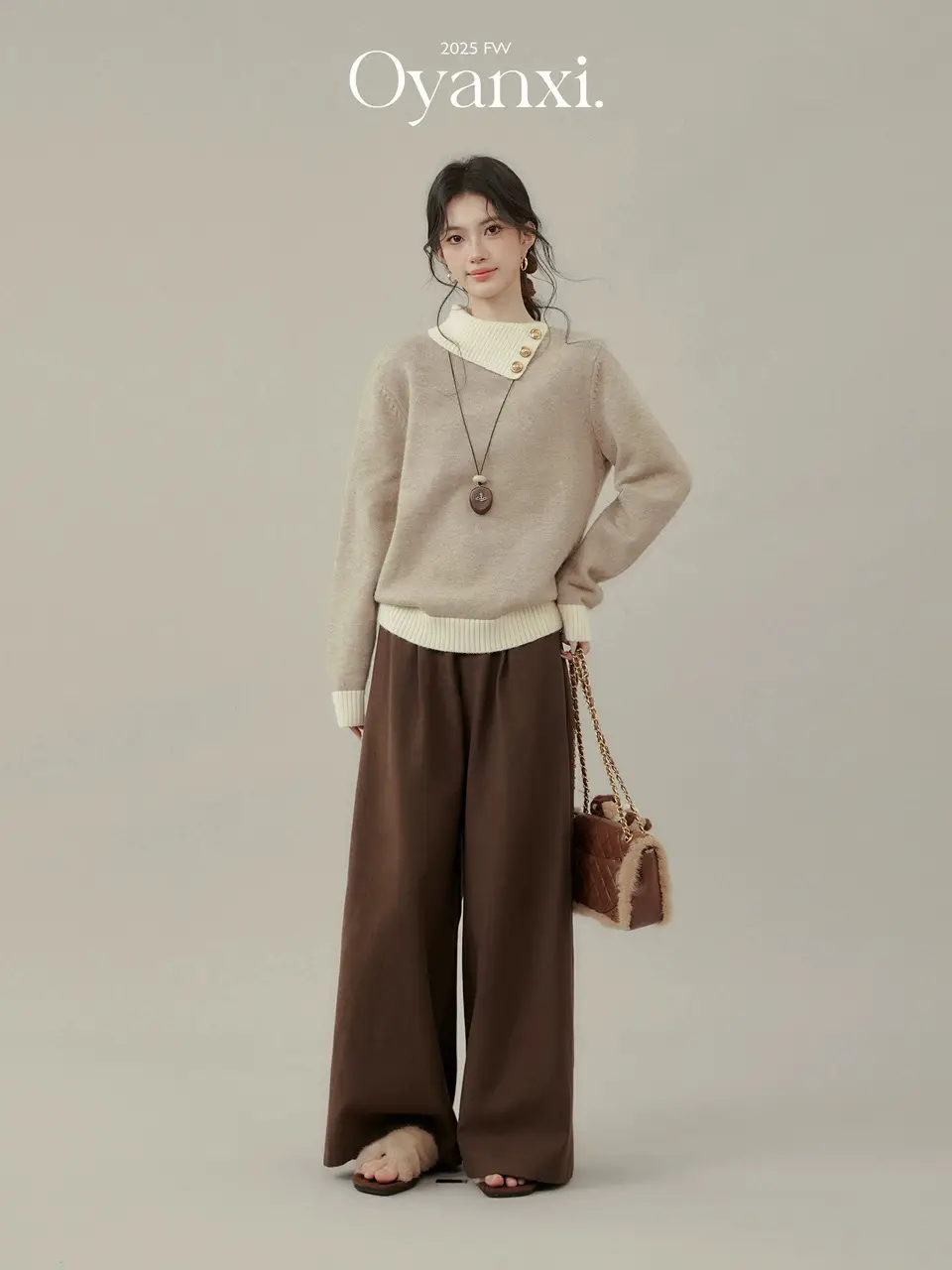 컬러 배색 폴드 칼라 니트 상세 이미지 1