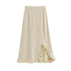 批发针织半身裙女中长款2025韩版高腰A字裙宽松木耳边开叉鱼尾裙