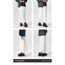 批发韩版设计感小众坑条高腰针织半身裙显瘦中长款不规则毛边A字裙女