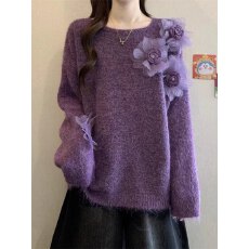 批发高级毛线衣花朵紫色毛衣上衣秋冬新款<b class='q'>大码</b><b class='q'>女装</b>胖mm宽松加厚针织衫