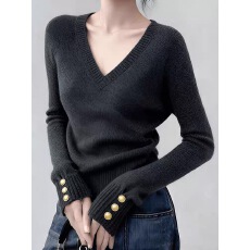 批发韩系复古v领长袖打底针织衫女秋冬季修身显瘦高级感毛衣内搭上衣