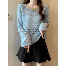 批发2026新款春夏穿搭高质感欧货重工<b class='q'>手工</b>钉钻镂空一字领针织衫女