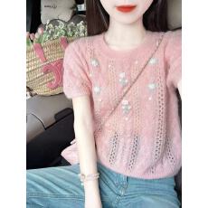 批发粉色钩花短袖上衣女夏季2026新款韩系穿搭独特超好看缕空针织小衫