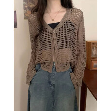 批发新款<b class='q'>镂空</b>微透罩衫针织<b class='q'>开衫</b>短款宽松空调衫防晒长袖上衣