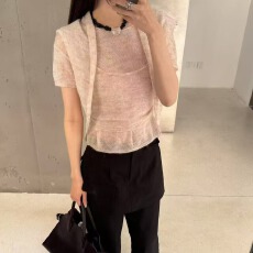 批发韩国chic夏季设计感小众<b class='q'>马海毛</b>短袖针织衫上衣叠穿吊带头巾三件套