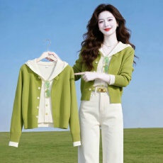 批发韩系连帽假两件<b class='q'>针织衫</b>女春秋新款毛衣开衫设计感显瘦长袖上衣