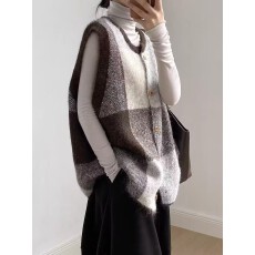 批发格子针织<b class='q'>马甲女</b>叠穿毛衣马夹无袖老钱风背心2025新款