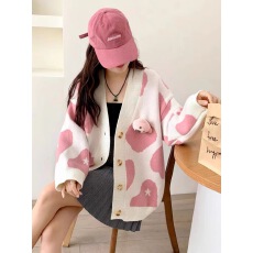 批发小熊玩偶毛衣外套女春秋2025新款宽松温柔慵懒风粉色针织开衫上衣