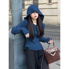 批发小香风复古蓝色连帽<b class='q'>卫衣</b>毛衣外套女春秋2026新款针织衫配大衣上衣
