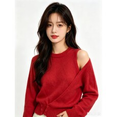 批发今年流行的漂亮毛衣女款2025新款冬季红色圣诞挂脖上衣外假两件套