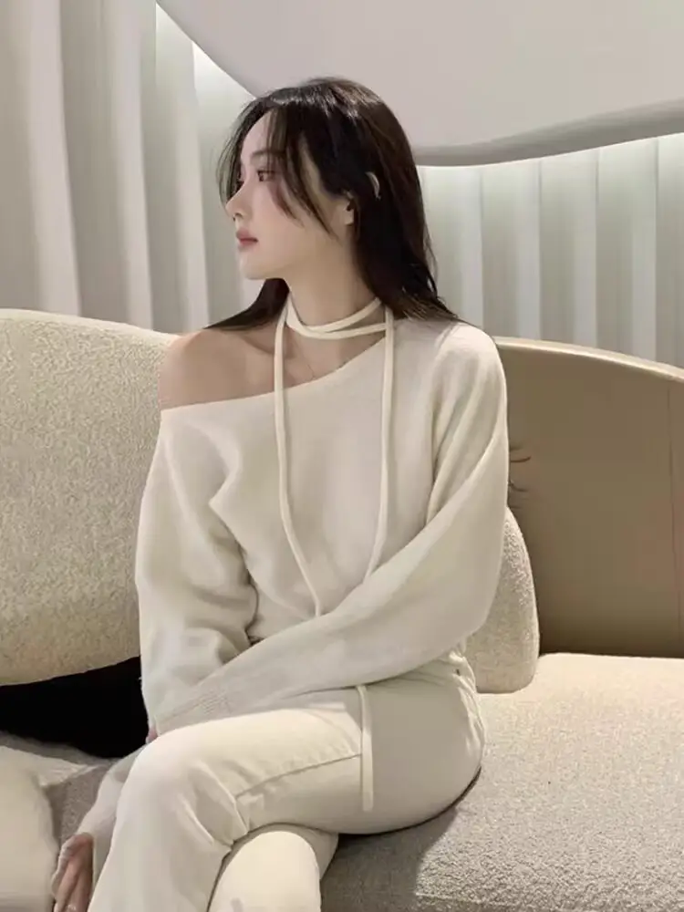 프렌치 빈티지 오프숄더 끈 장식 긴소매 니트 상세 이미지 1