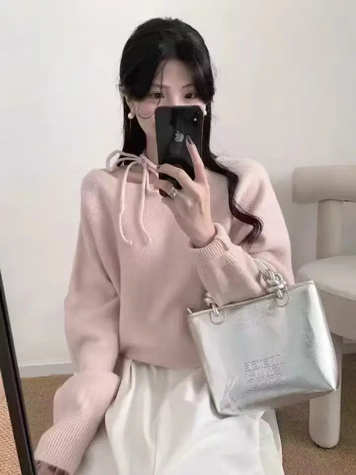 프렌치 빈티지 오프숄더 끈 장식 긴소매 니트 상세 이미지 4