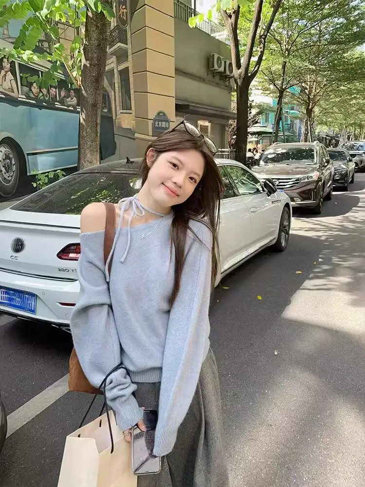프렌치 빈티지 오프숄더 끈 장식 긴소매 니트 상세 이미지 5