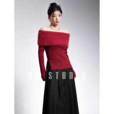批发法式一字肩堆堆领针织衫女露肩<b class='q'>修身</b>外穿上衣<b class='q'>打底衫</b>秋冬高级感毛衣
