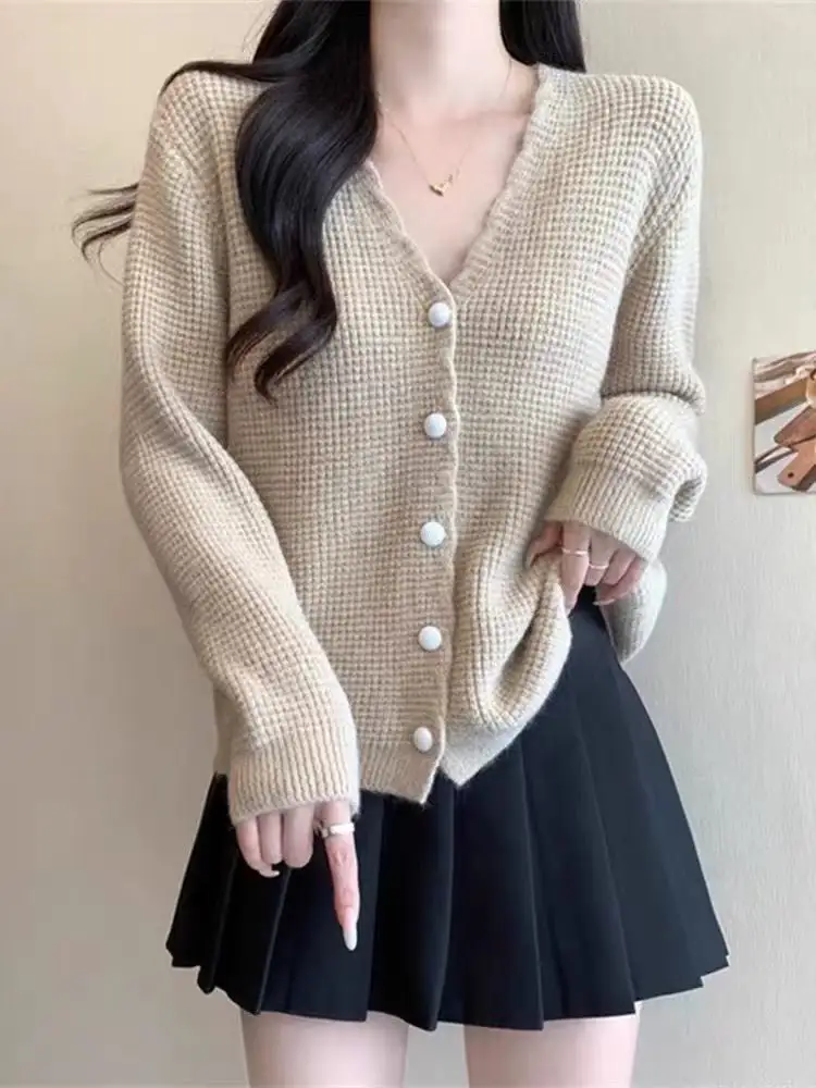 빅사이즈 V넥 물결 단 와플 가디건 상세 이미지 1
