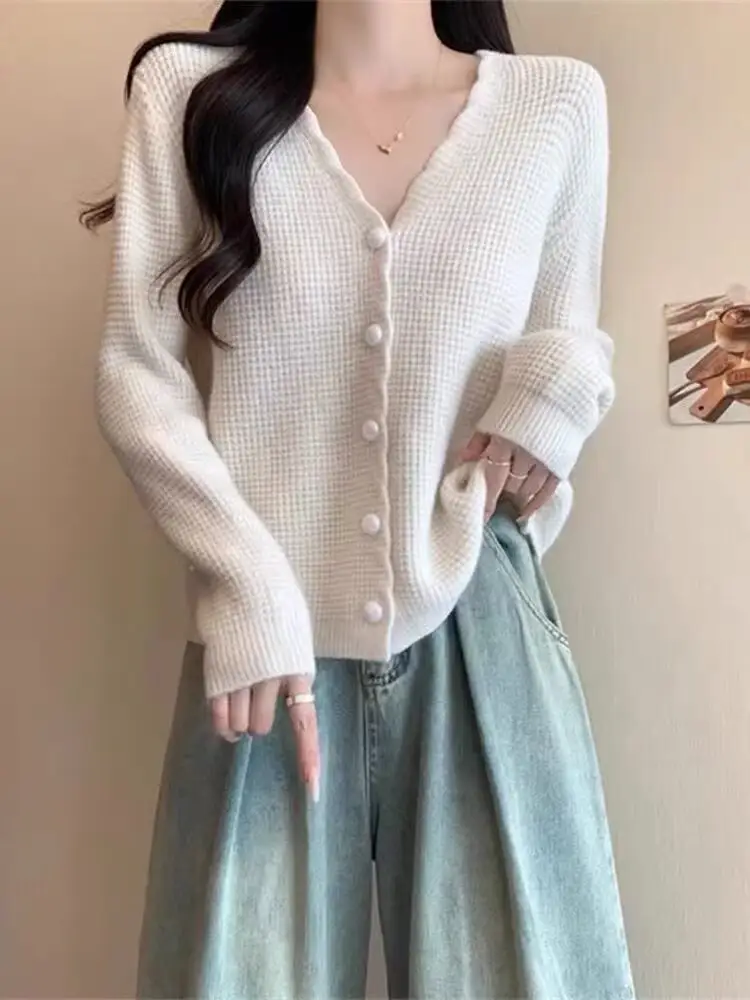 빅사이즈 V넥 물결 단 와플 가디건 상세 이미지 2