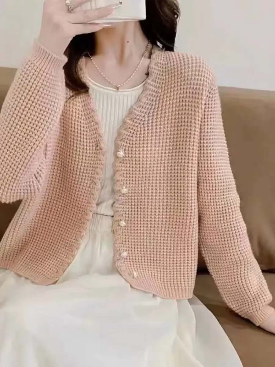빅사이즈 V넥 물결 단 와플 가디건 상세 이미지 4