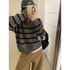 批发复古POLO领条纹套头毛衣女2026秋冬韩系新款气质百搭显瘦宽松上衣