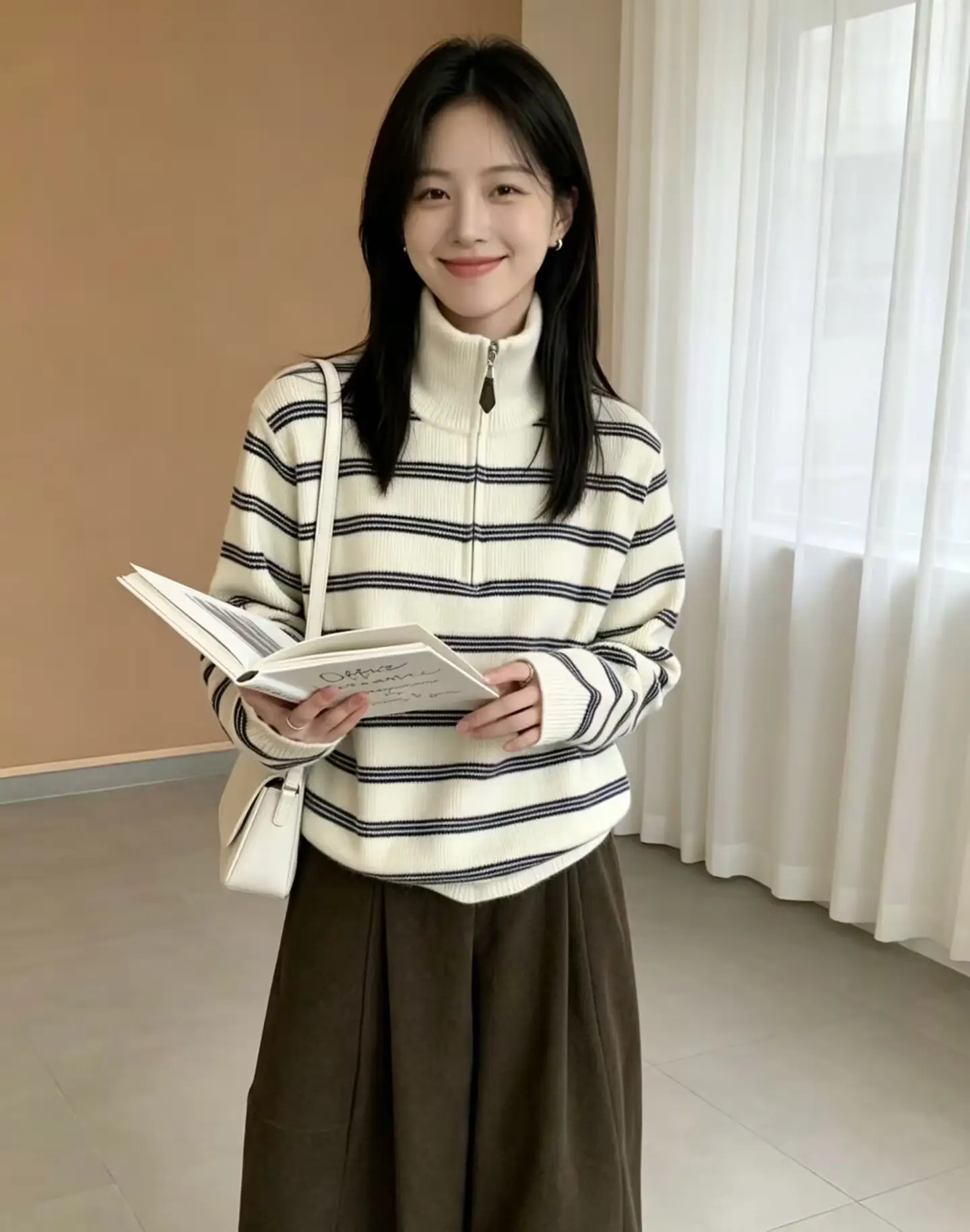 한국인기 자수 스트라이프 하프 집업 가디건 상세 이미지 1
