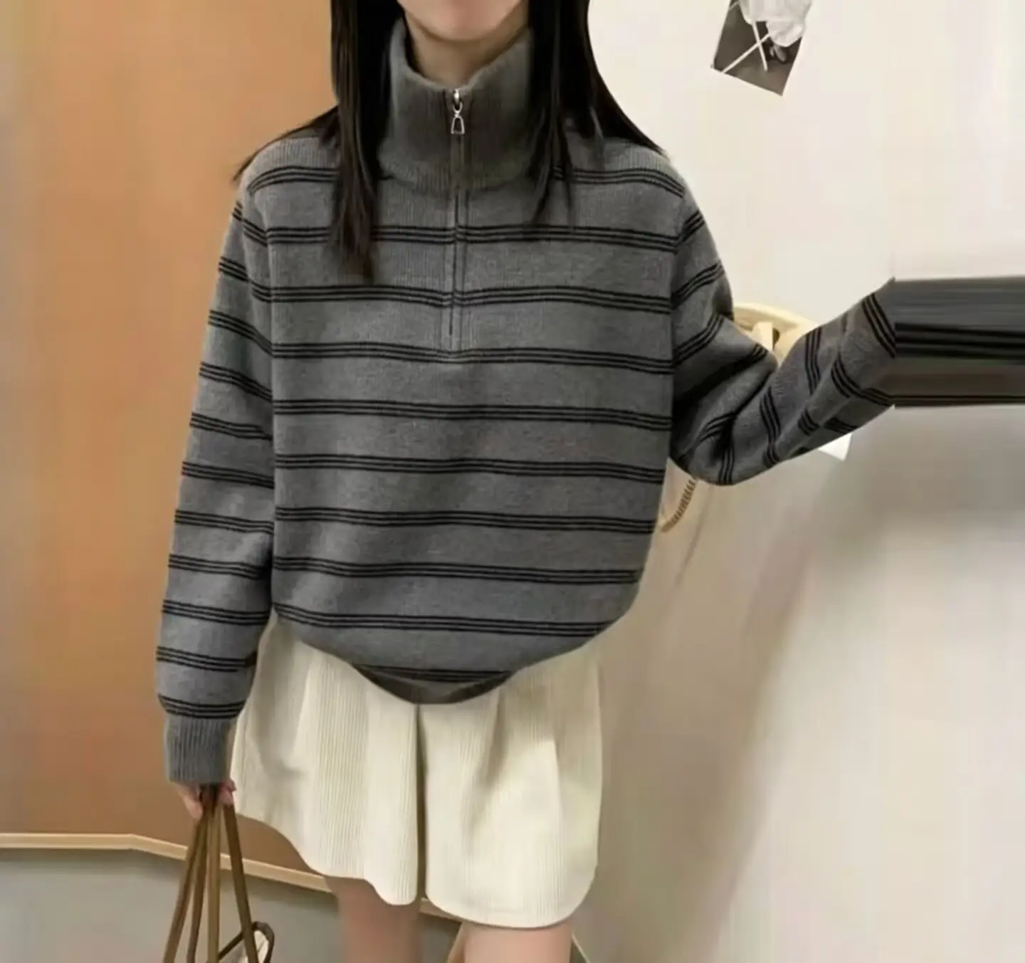 한국인기 자수 스트라이프 하프 집업 가디건 상세 이미지 2