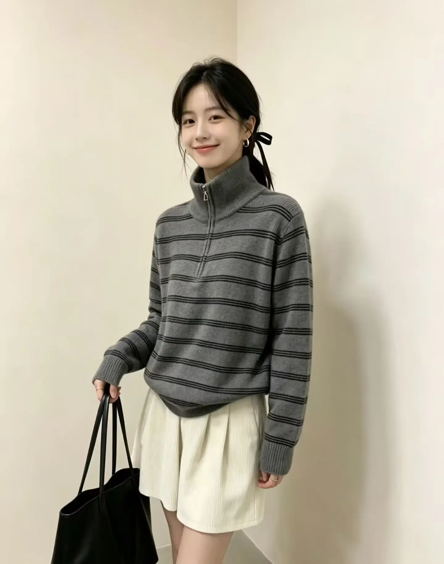 한국인기 자수 스트라이프 하프 집업 가디건 상세 이미지 4