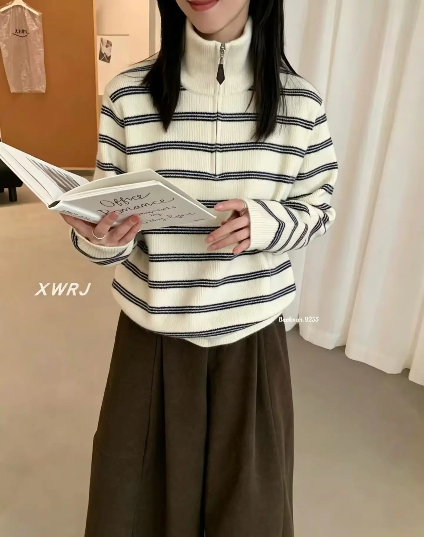한국인기 자수 스트라이프 하프 집업 가디건 상세 이미지 5