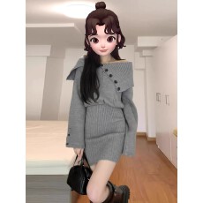 批发高级灰不对称大翻领露肩毛衣裙女2026秋季气质收腰包臀<b class='q'>针织</b>连衣裙