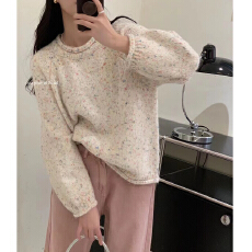 批发温柔风彩色点点花纱毛衣女秋冬宽松慵懒卷边圆领杂色针织衫上衣厚