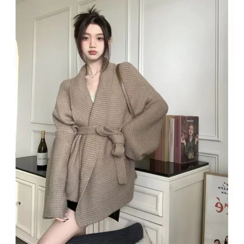 허리 끈 루즈핏 니트 가디건 상세 이미지 4