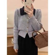 批发法式小香风设计感针织开衫女秋冬<b class='q'>新款</b>单排扣翻领气质毛衣长袖上衣