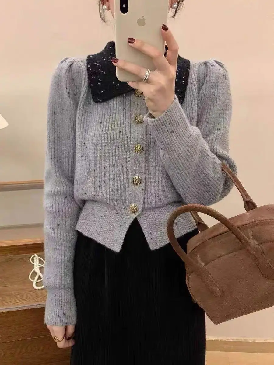 프렌치 스타일 폴드 칼라 단추 가디건 상세 이미지 2