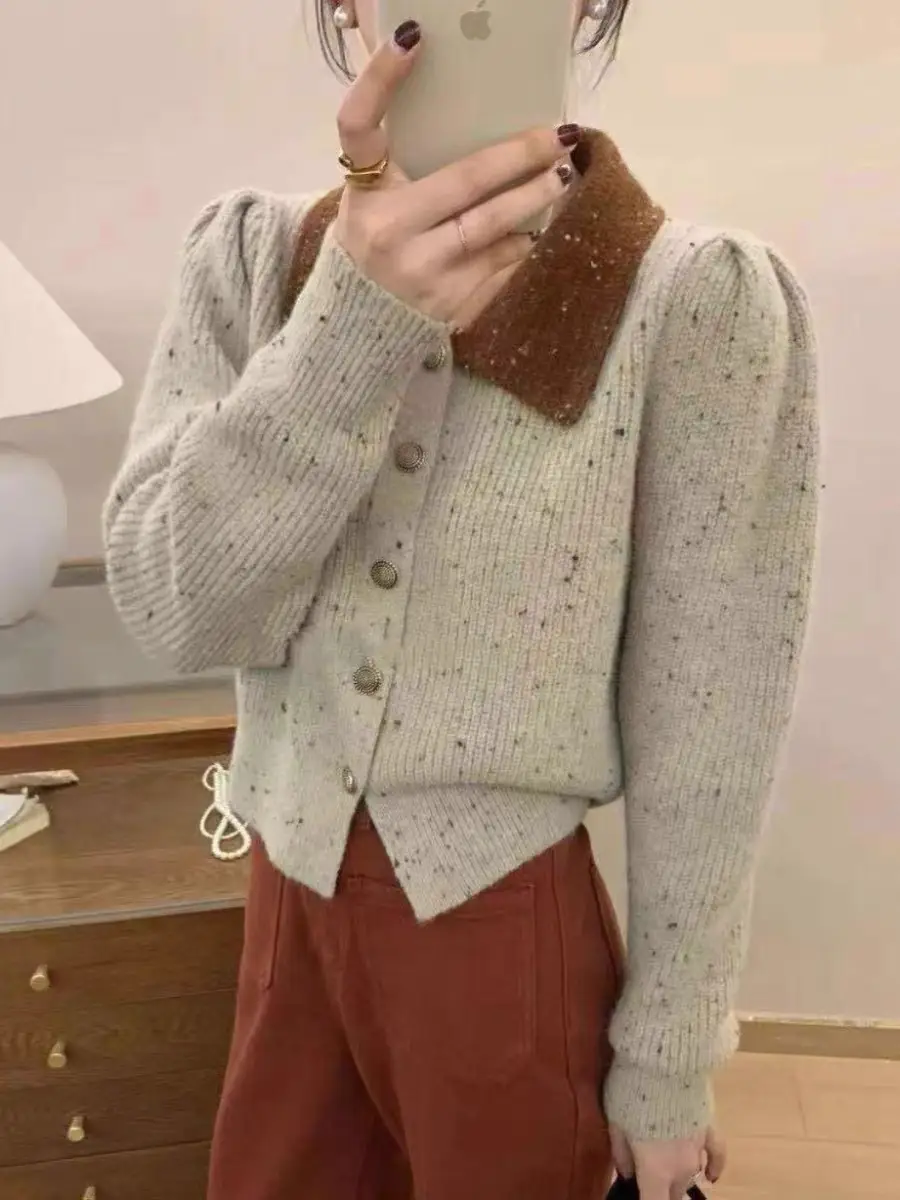 프렌치 스타일 폴드 칼라 단추 가디건 상세 이미지 3