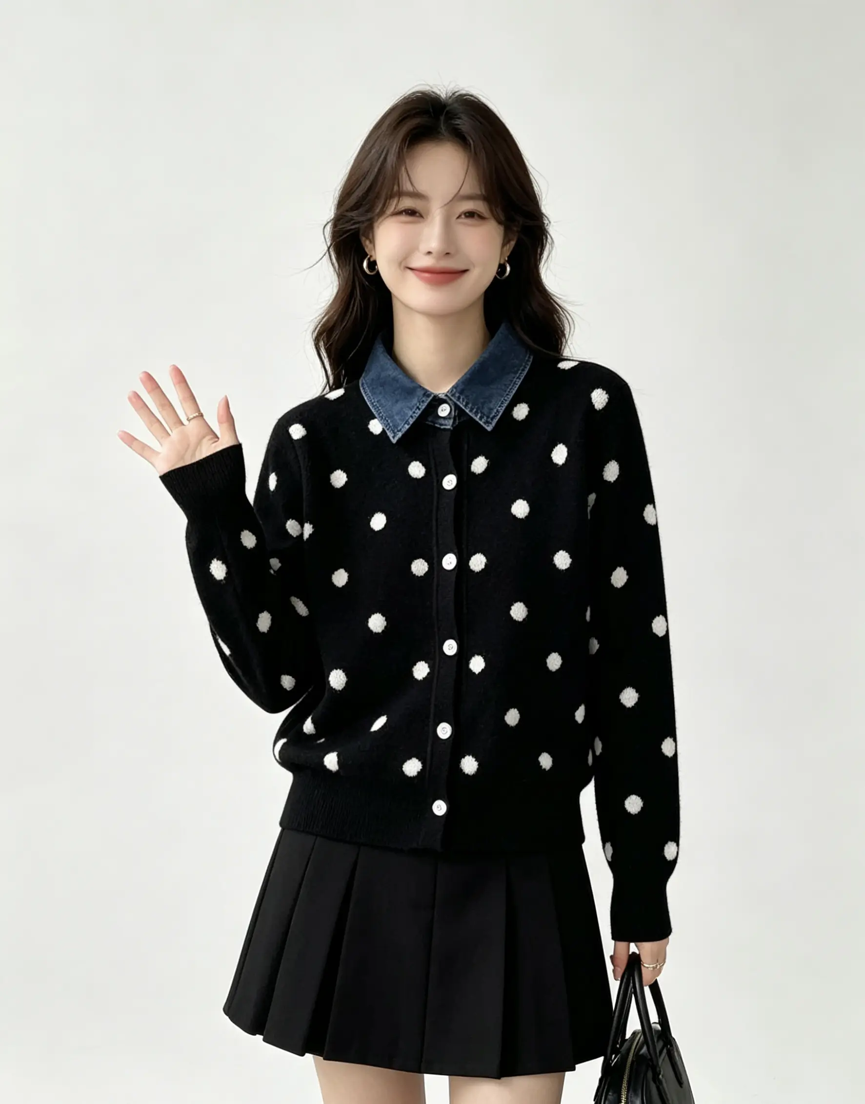 데님 칼라 도트 레트로 가디건 니트 상세 이미지 1