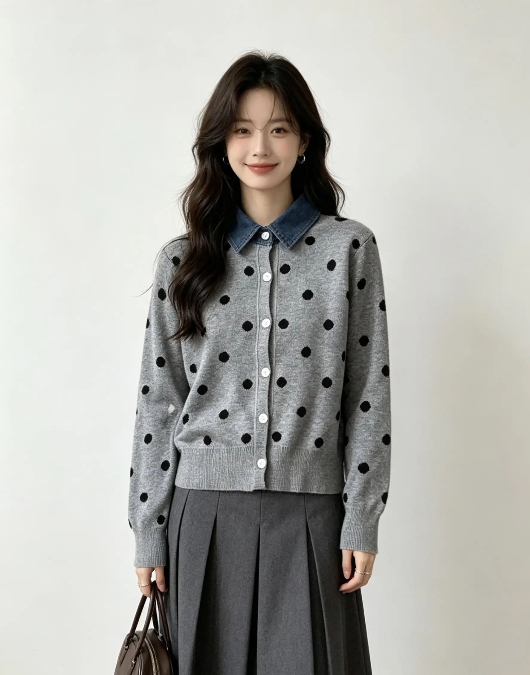 데님 칼라 도트 레트로 가디건 니트 상세 이미지 2