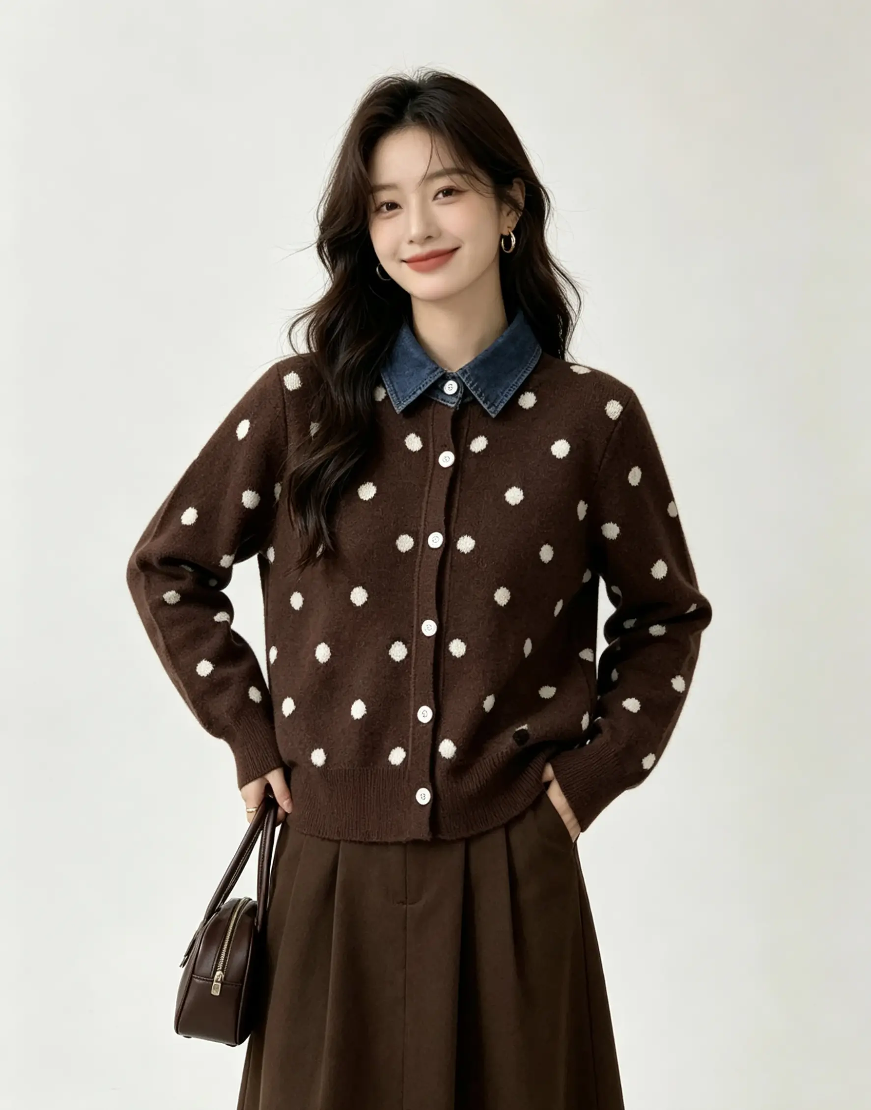 데님 칼라 도트 레트로 가디건 니트 상세 이미지 3