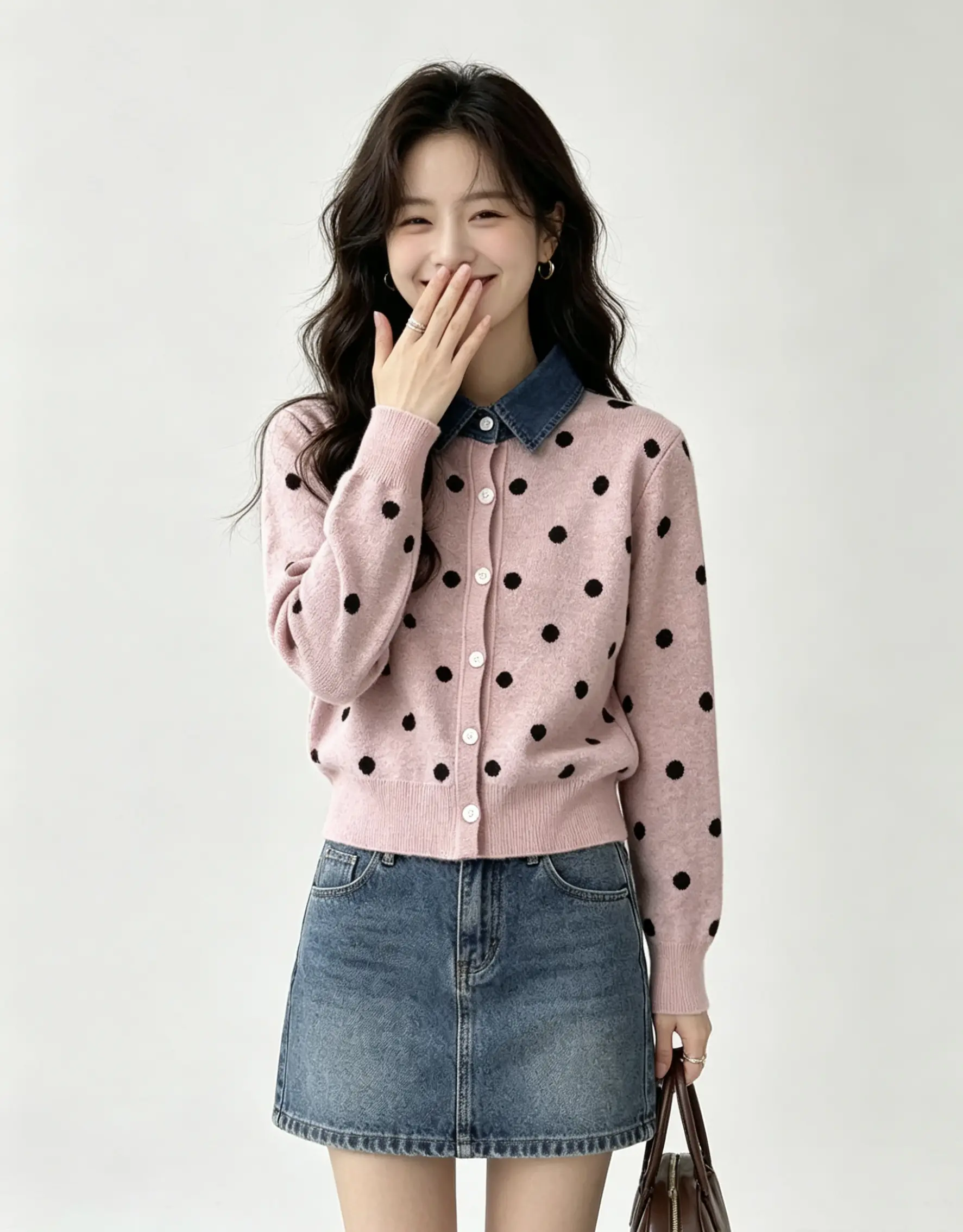 데님 칼라 도트 레트로 가디건 니트 상세 이미지 4